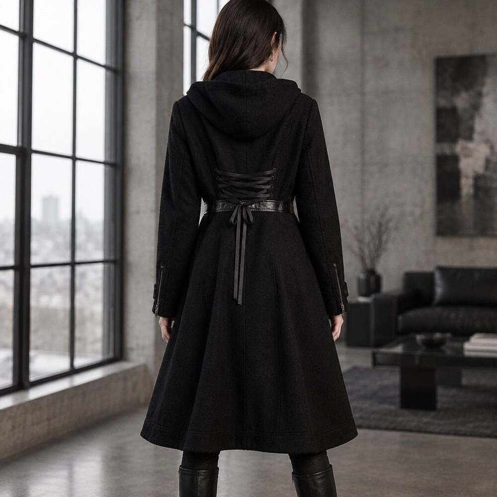 Her Universe Doctor Who Corset Back Coat Size 3 Black Wool Blend Hooded